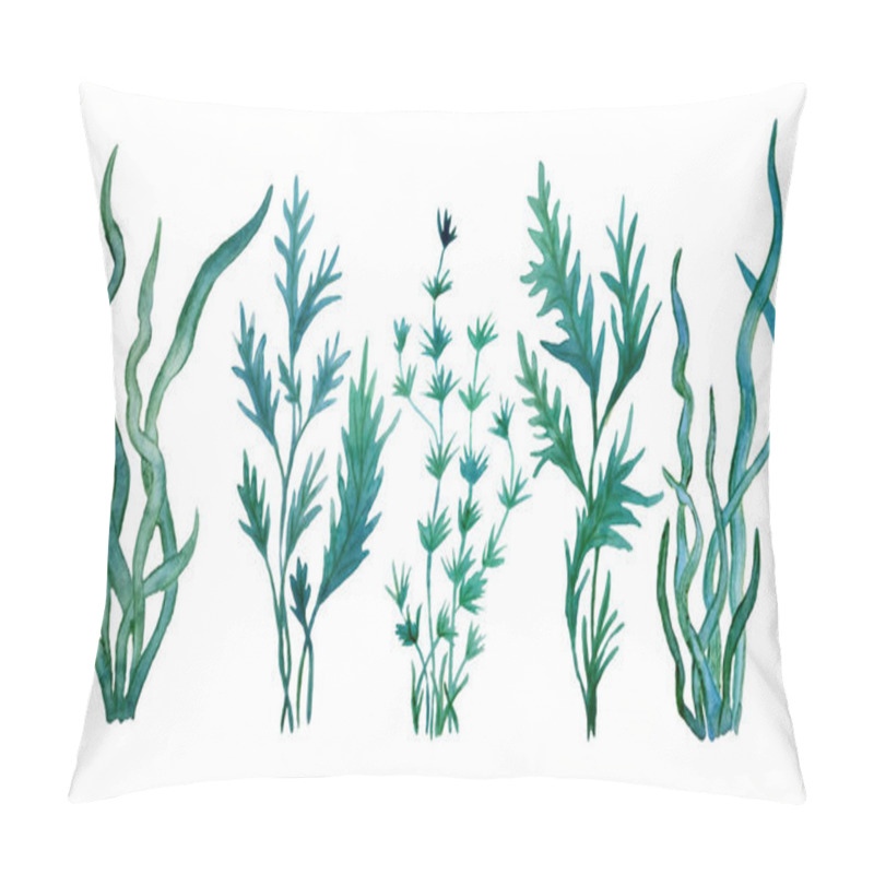 Personality  Watercolor Hand Drawn Illustration Set With Green Blue Water Seaweed Algae. Marine Environment Cosmetics Super Food Labels Design Packaging Kelp Laminaria Spirulina Healthy Organic Eating Pillow Covers