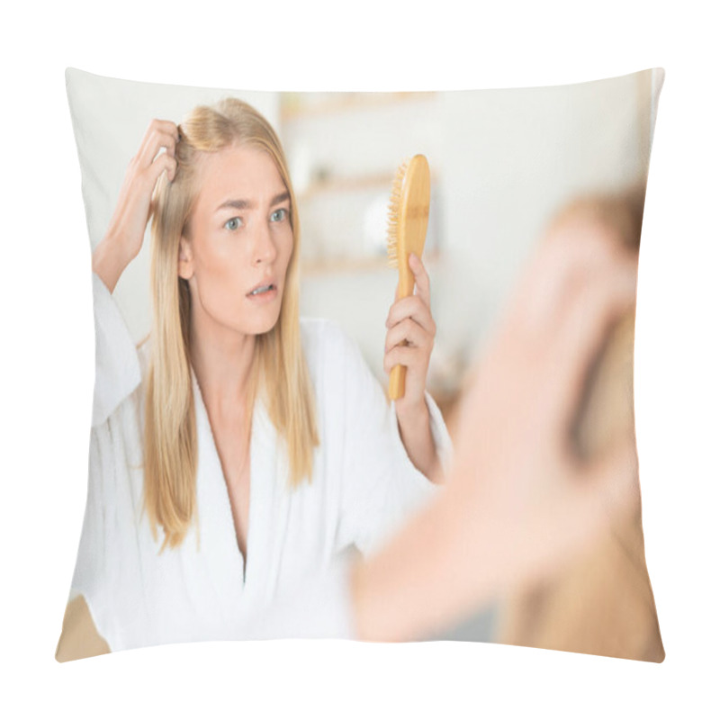 Personality  Upset Blonde Woman Combing Through Dry Hair, Examines And Combats Hair Loss And Flakes, Engaging In Trichology Routine, Standing With Hairbrush In Hand In Bathroom Indoors Pillow Covers