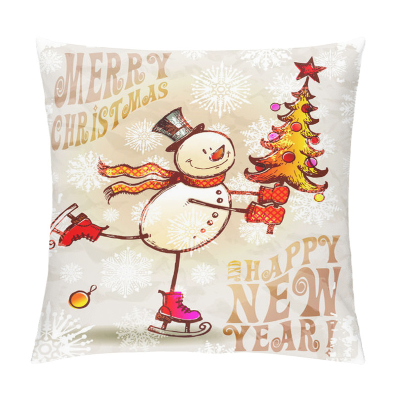 Personality  Skating Happy Snowman With Christmas Tree Pillow Covers