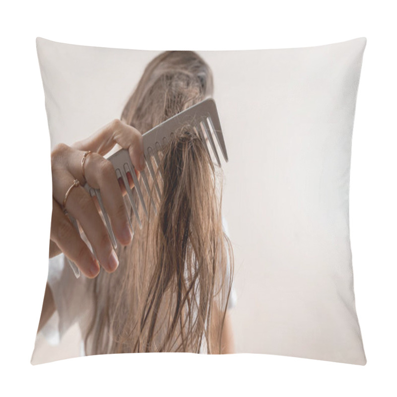 Personality  Beautiful Caucasian Woman Girl With Wet Messy Hard After Bath. Thin Hair Problem. Isolated Pillow Covers