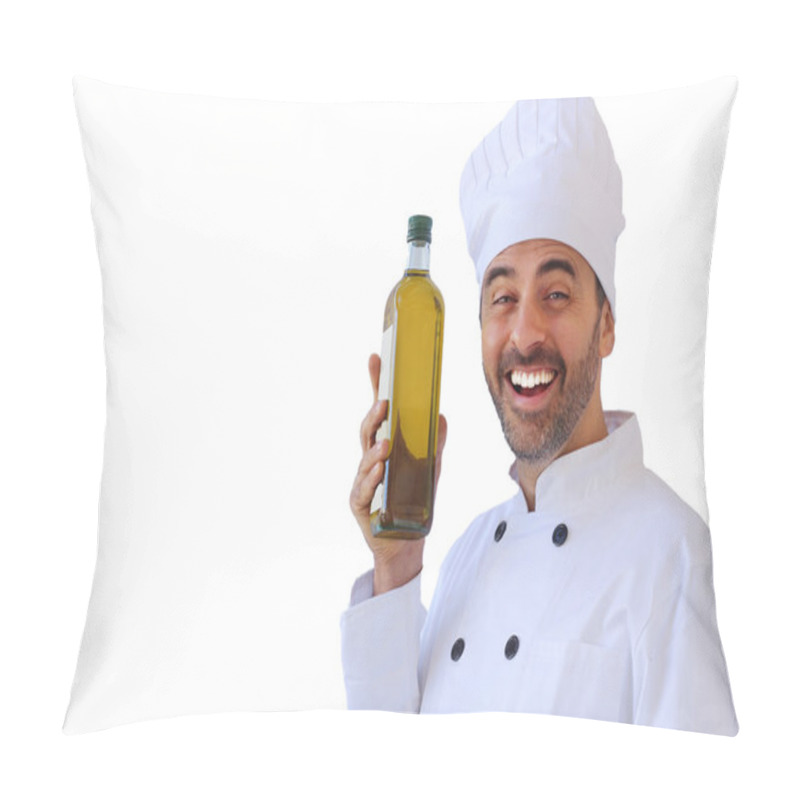 Personality  Laughing Chef Holding Up A Bottle Of Olive Oil Pillow Covers