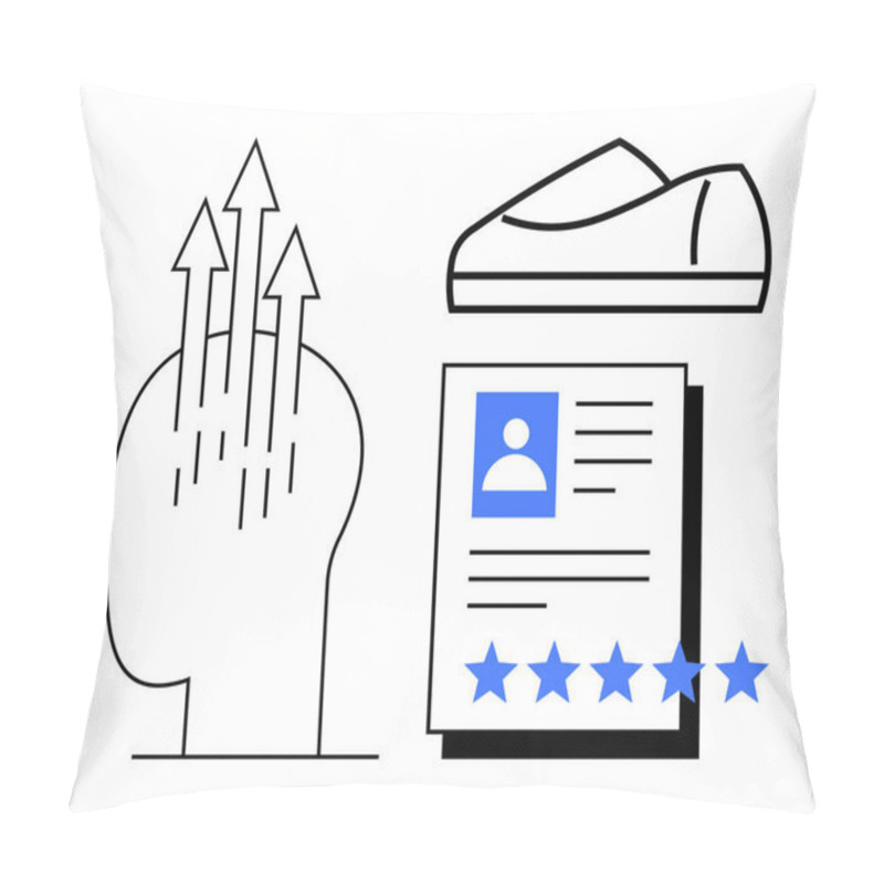 Personality  Human Head With Upward Arrows, Resume With A Profile Picture And Rating Stars, And A Shoe. Ideal For Career Growth, Skill Development, Job Hunting, Professional Performance, Personal Improvement, HR Pillow Covers