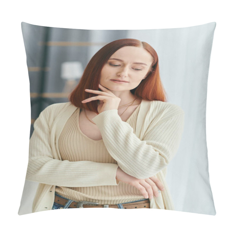 Personality  A Red-haired Woman Stands Gracefully In Front Of A Window, The Sunlight Illuminating Her Fiery Locks. Pillow Covers