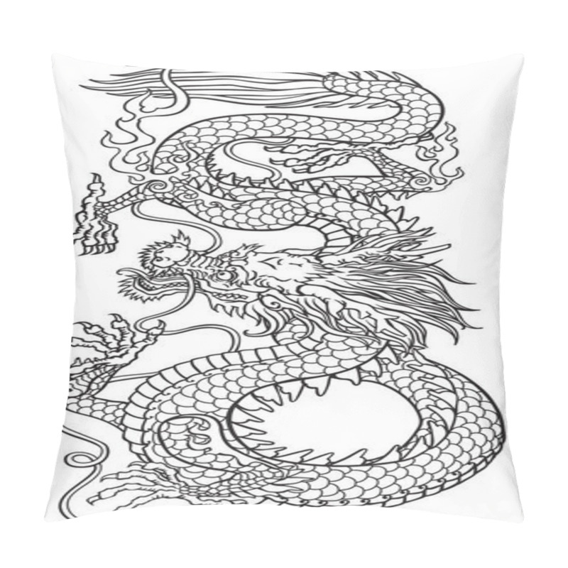 Personality  East Asia Dragon. Traditional Chinese Or Japanese Mythological Creature. Black And White Tattoo Style Vector Illustration. Outline Pillow Covers