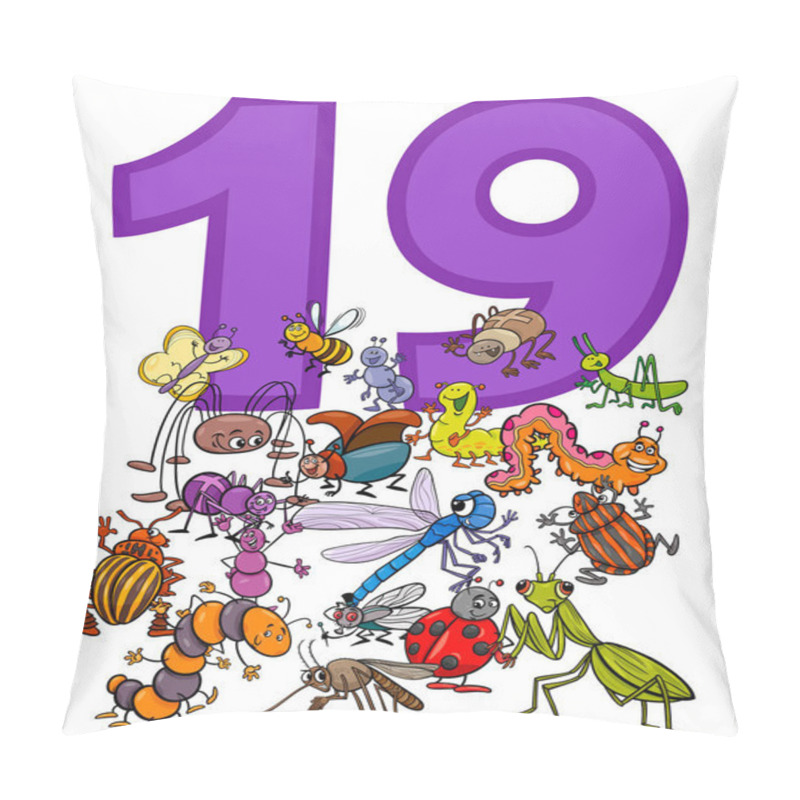 Personality  Cartoon Illustration Of Number Nineteen And Insect Characters Group Pillow Covers