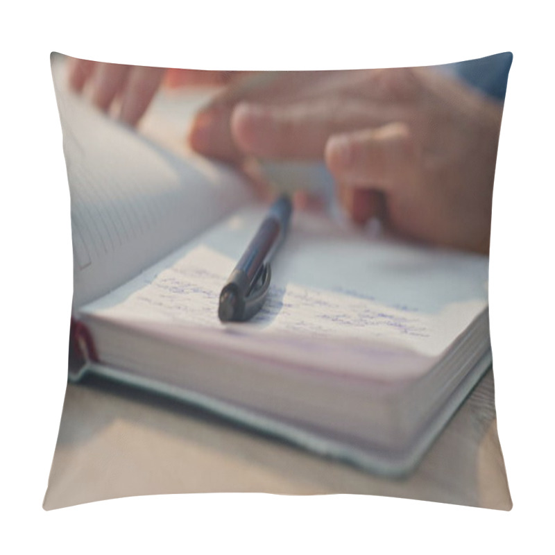 Personality  Creator Fingers Opening Notebook At Table Workplace Close Up. Contemporary Author Hands Writing New Book In Creative Office. Unknown Man Holding Pen Noticing On Paper Alone At Private Cabinet Room Pillow Covers