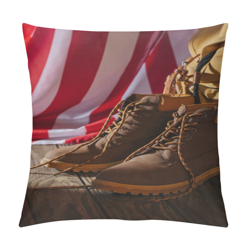 Personality  Close-up View Of Trekking Boots, Backpack And American Flag On Wooden Surface Pillow Covers