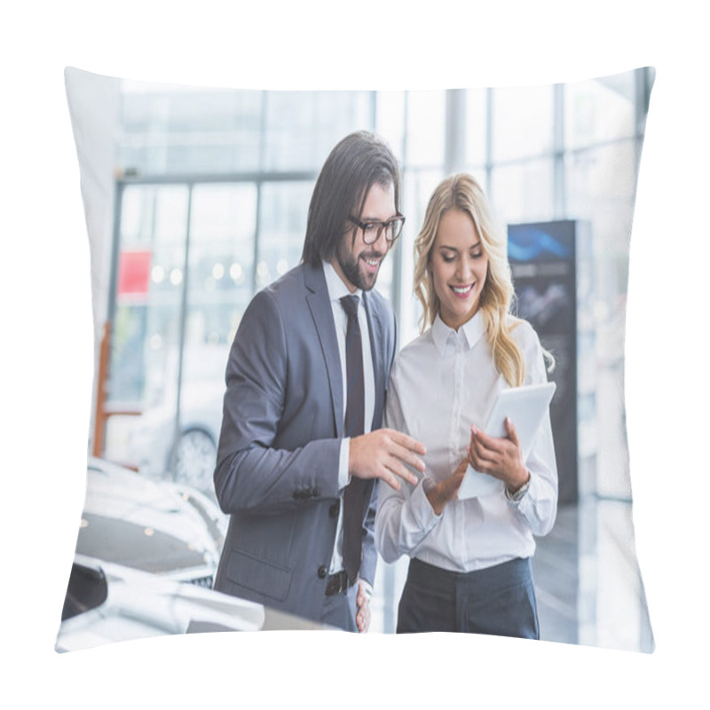 Personality  Female Auto Salon Seller With Tablet Helping Smiling Businessman To Choose Car At Dealership Salon Pillow Covers