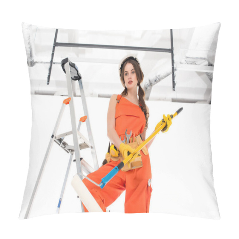 Personality  Beautiful Workwoman In Overalls Holding Painting Roller And Standing On Ladder Pillow Covers