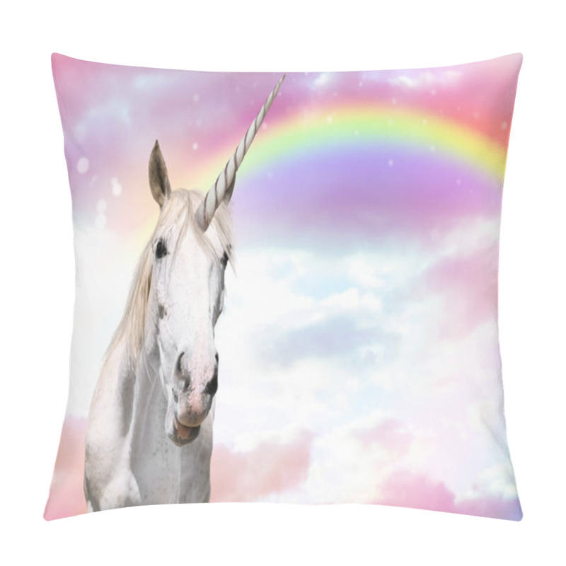 Personality  Magic Unicorn In Beautiful Sky With Rainbow And Fluffy Clouds. Fantasy World Pillow Covers