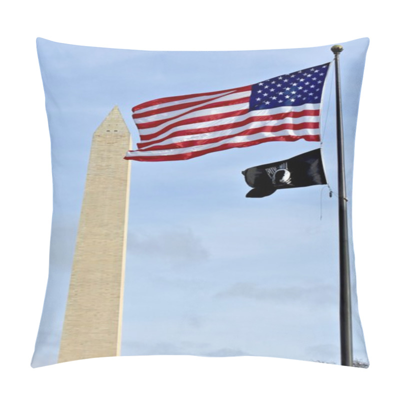 Personality  USA Flag Next To POW MIA Flag With Washington Monument In The Background Pillow Covers