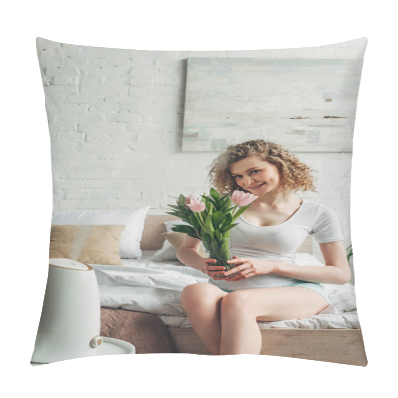 Personality  Happy Girl Holding Tulips While Sitting In Bedroom With Air Purifier  Pillow Covers