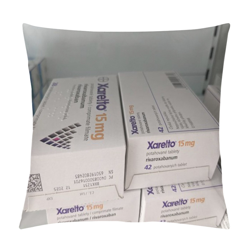 Personality  Prague, Czech Republic-August 15 2024: XARELTO Box Of Tablets With RIVAROXABAN Active Substance By BAYER, Used For The Prevention And Treatment Of Blood Clots And Stroke. Pillow Covers