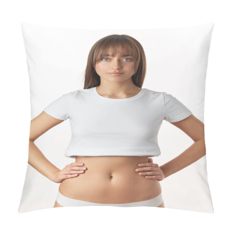 Personality  Beautiful Woman In Underwear Testing Fat Layer On Waist. Pillow Covers