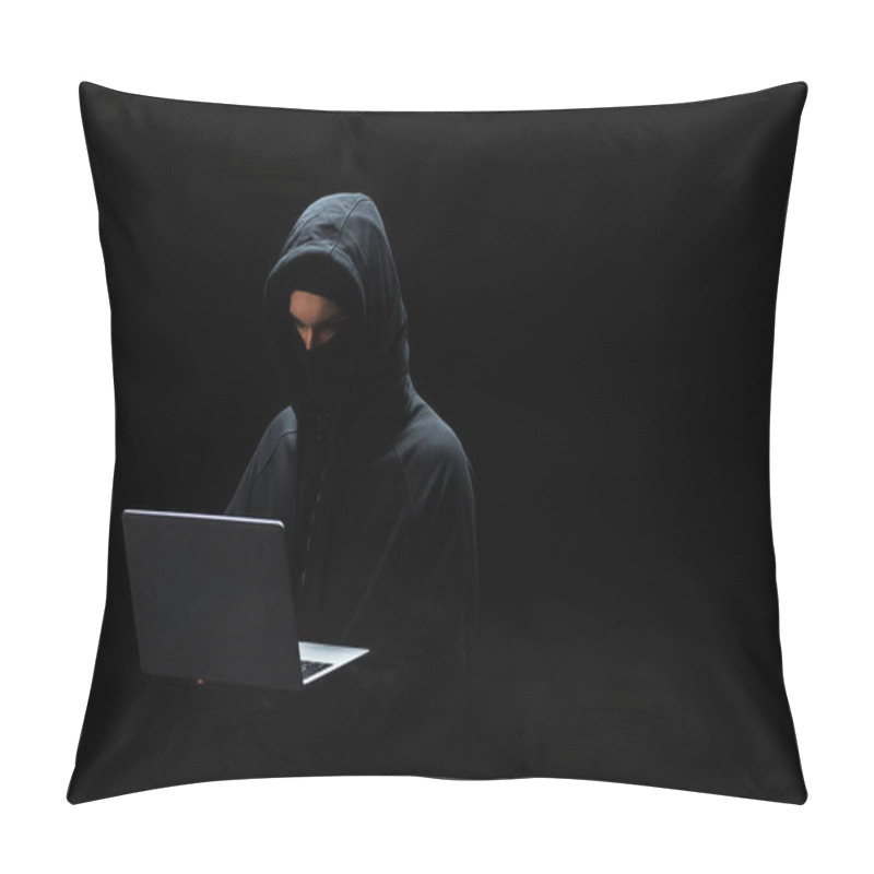 Personality  Hacker In Mask And Hood Using Laptop Isolated On Black  Pillow Covers