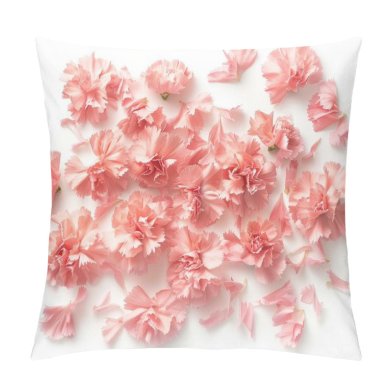 Personality  A Beautiful Arrangement Of Delicate Pink Carnations Scattered Elegantly On A White Background, Exuding A Soft And Serene Atmosphere. Pillow Covers