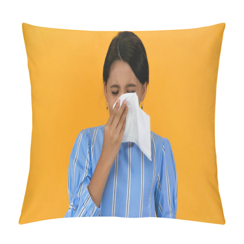 Personality  Sad Sick Girl Blowing Nose With Napkin Isolated On Yellow Pillow Covers