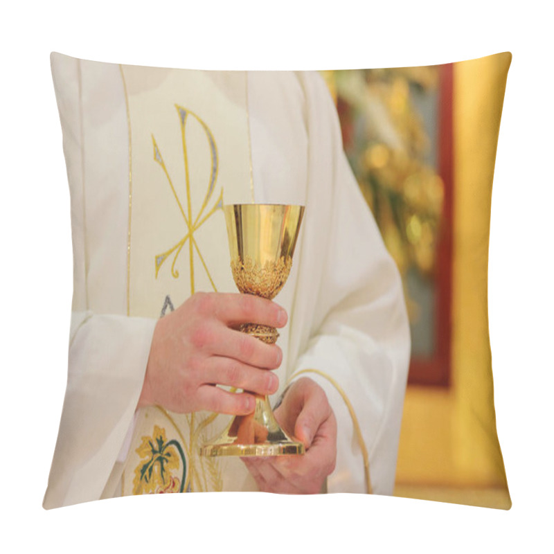 Personality  Chalice In The Hands Of The Priest On The Altar During The Celebration Of The Mass And Empty Space For Text Pillow Covers