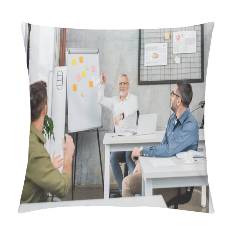 Personality  Smiling Mature Businessman Throwing Paper Plane To Colleagues In Office Pillow Covers