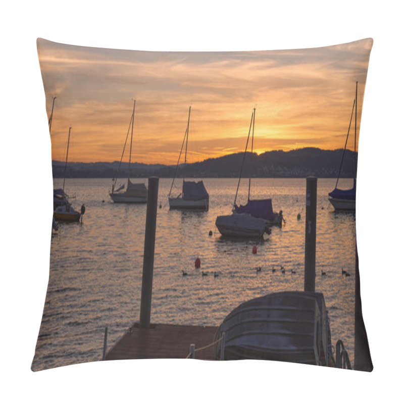 Personality  Pier At Sunset With Sailboats, Serene Lake Scene, Orange And Pink Sky, Calm Water, Silhouettes Of Boats, Tranquil Evening, Reflections On Water, Peaceful Marina, Dusk Landscape, Nautical Atmosphere - Pillow Covers