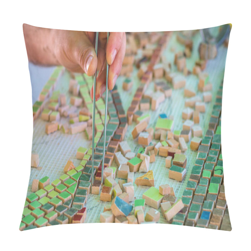 Personality  Ceramic Design. Ceramic Mosaic. The Man Organizes With A Tweezers A Puzzle Of Ceramic Elements For The Construction Of Ceramic Artworks. Men's Terracotta Mosaic. Pillow Covers