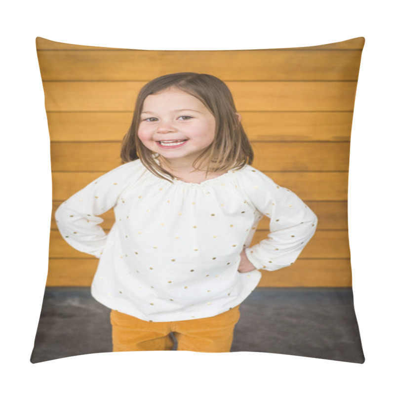 Personality  Cute Caucasian Girl Poses For Portrait In Front Of Vibrant Wood Panel Wall Pillow Covers