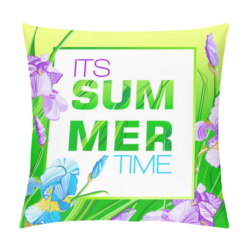 Personality  Summer Time Banner With Blue And Purple Flowers, Flower Iris Design For Banner, Flyer, Invitation, Poster, Placard, Web Site Or Greeting Card.  Pillow Covers