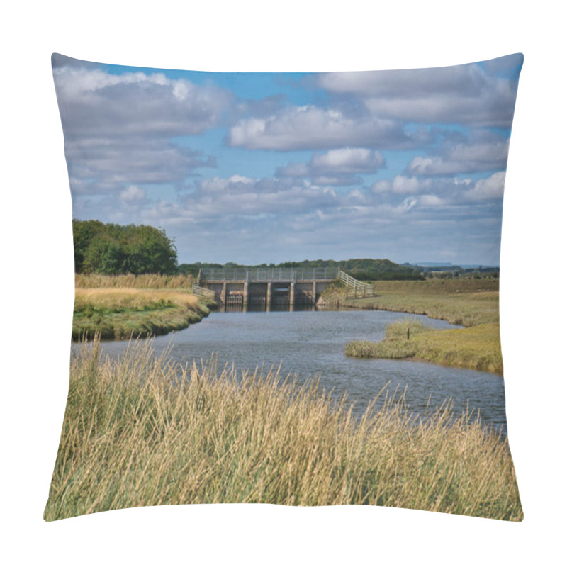 Personality  Flood Defences In The Low Lying Salt Marshes Around South Low Near Goswick In Northumberland, England, UK. Taken On A Sunny Day In Summer. Pillow Covers