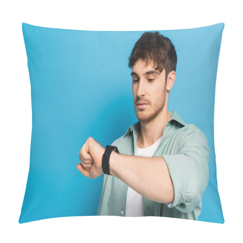 Personality  Handsome Man Looking At Wristwatch On Blue Pillow Covers