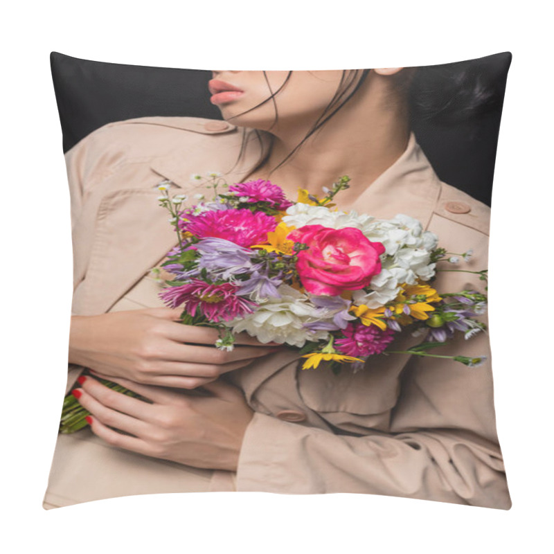 Personality  Cropped View Of Stylish Woman In Trench Coat Holding Flowers Isolated On Black  Pillow Covers