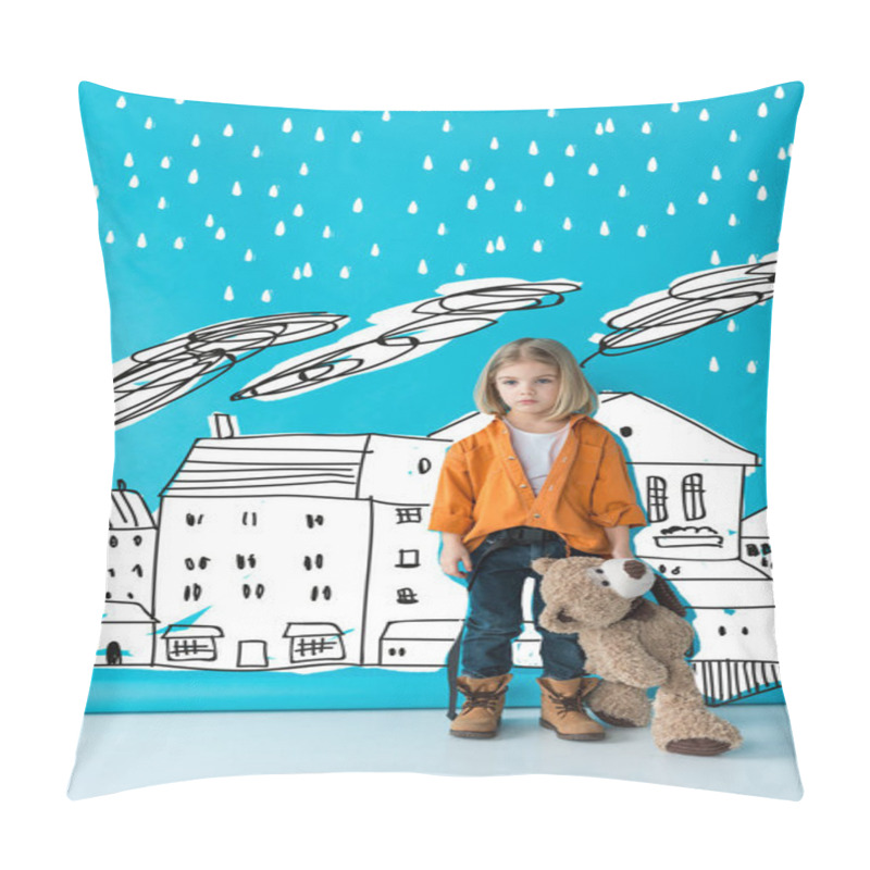 Personality  Upset And Adorable Kid Holding Teddy Bear On Blue Background With Rain Over Buildings Illustration Pillow Covers