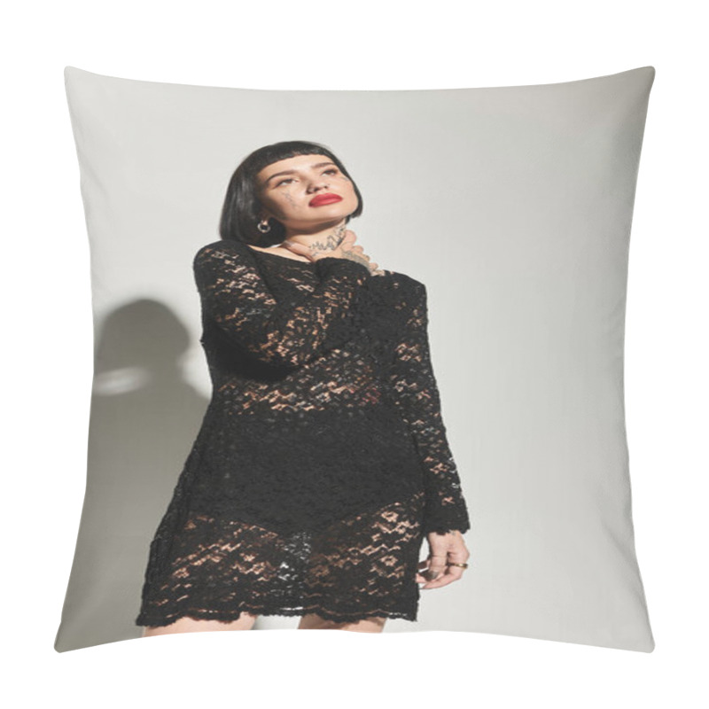 Personality  A Fashionable Woman In A Black Lace Dress Confidently Poses Against A Light Background. Pillow Covers