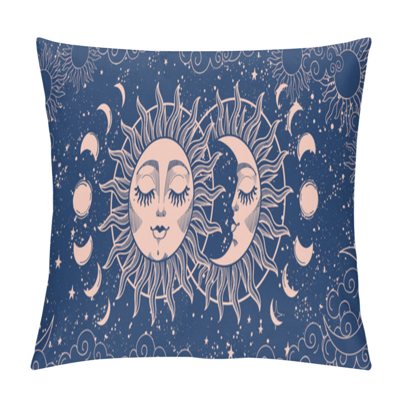 Personality  Magic Background For Tarot, Astrology, Magic. The Device Of The Universe, Crescent Moon And Sun With A Face On A Blue Background. Esoteric Vector Illustration. Pillow Covers