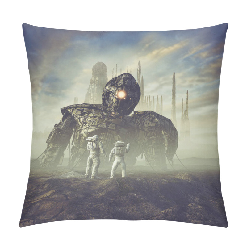 Personality  Ancient Guardian Awakens / 3D Illustration Of Science Fiction Scene Showing Astronauts Finding Giant Robot In The Desert Outside Ancient City Pillow Covers