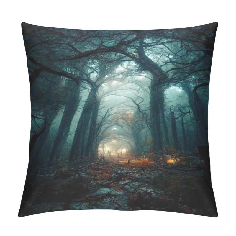 Personality  Realistic Haunted Spooky Forest, Creepy Landscape At Night. Fantasy Halloween Forest Background. Surreal Mysterious Atmospheric Woods Design Backdrop. Digital Art. Pillow Covers