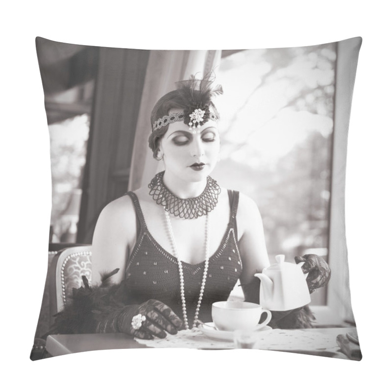 Personality  Retro Woman 1920s - 1930s Sitting With In A Restaurant Holding A Pillow Covers