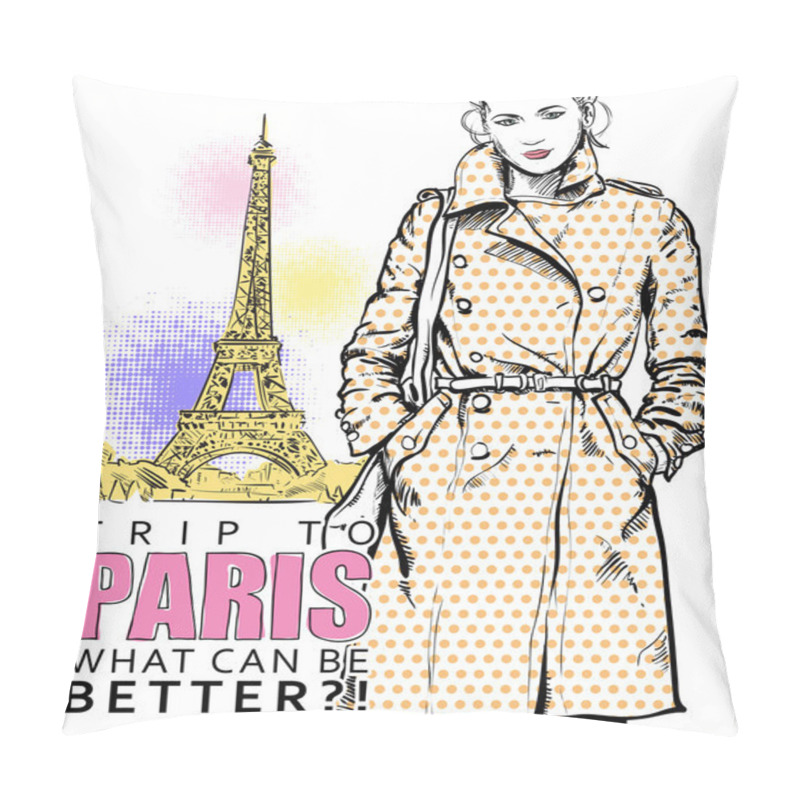 Personality  Winter Girl In Sketch-style On A Eiffel Tower Background Pillow Covers