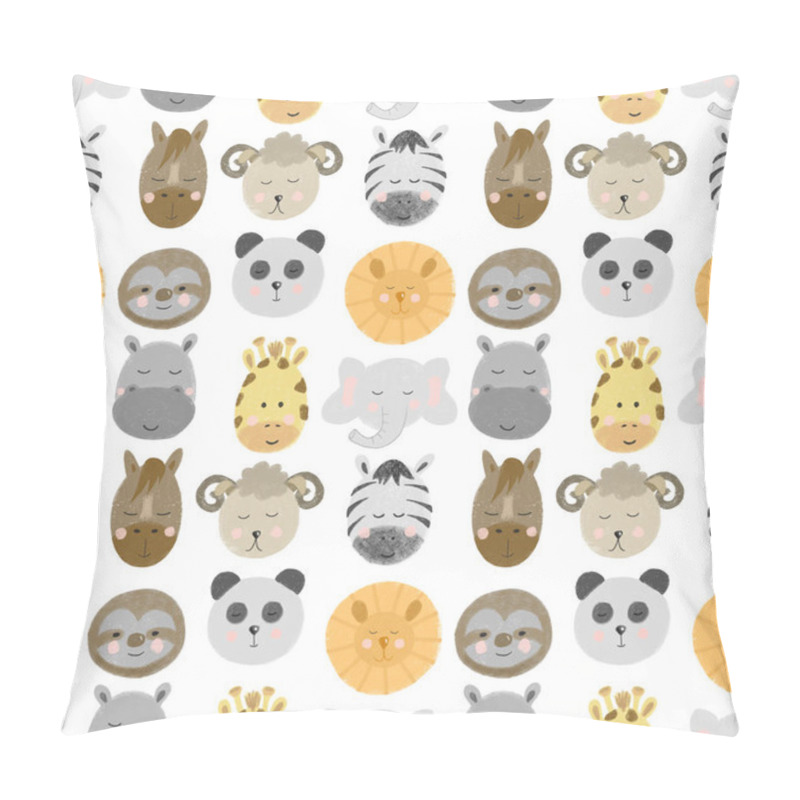 Personality  Seamless Pattern With African And American Animal Faces (lion, Zebra, Sloth, Giraffe Etc), Hand Drawn Isolated On A White Background Pillow Covers