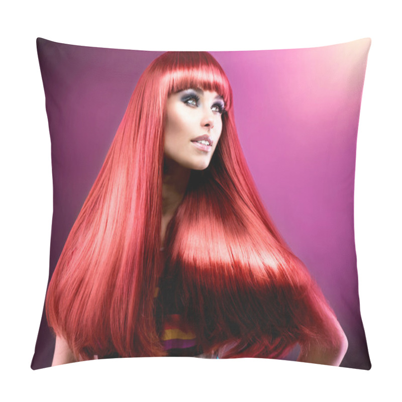 Personality  Healthy Straight Long Red Hair. Fashion Beauty Model Pillow Covers