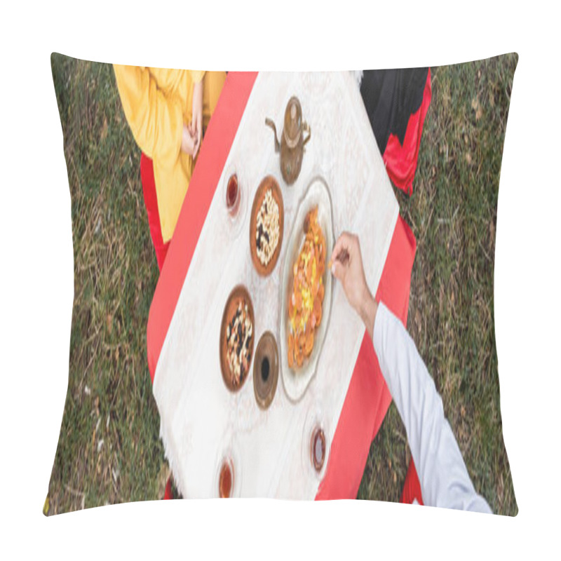 Personality  Top View Of Man And Boy Sitting Near Traditional Arabian Tea And Food In Park, Banner  Pillow Covers