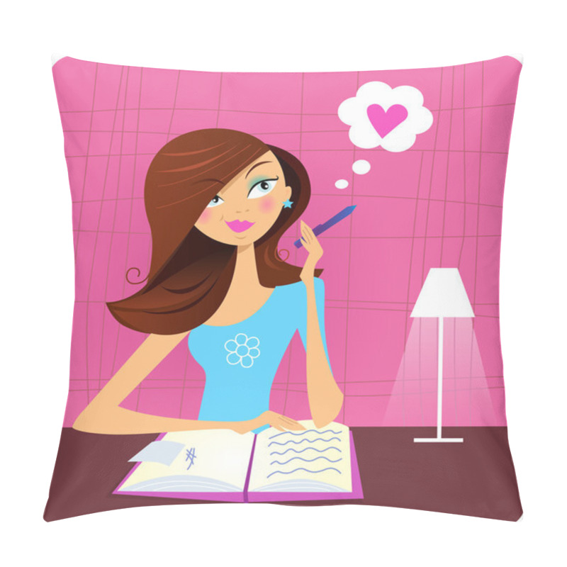 Personality  Teenage Girl Writing Diary And Dreaming About Love Pillow Covers