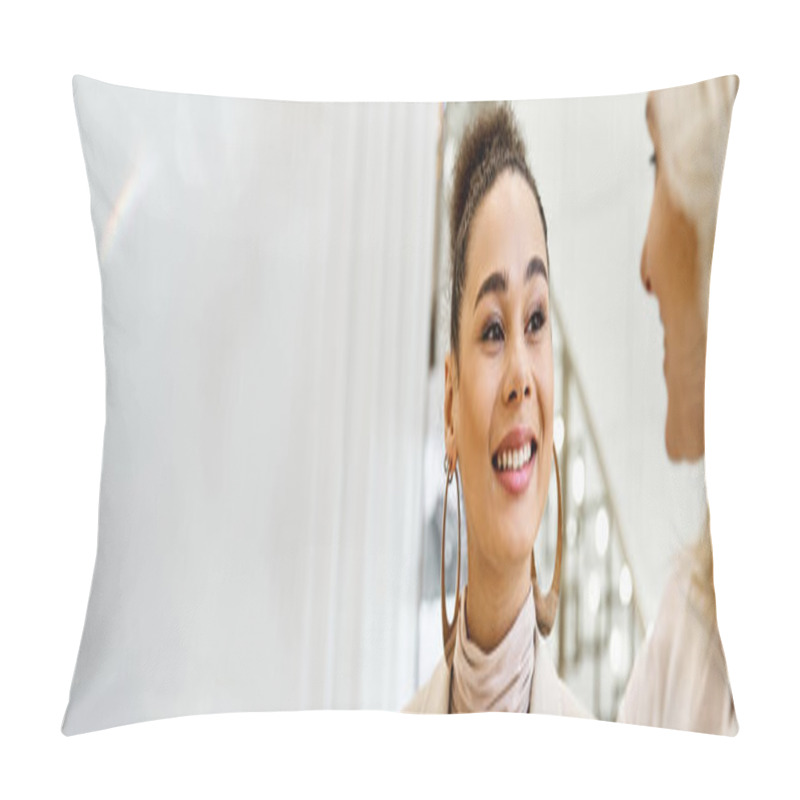 Personality  A Bride And Shop Assistant Stand In Front Of Each Other, Admiring A Wedding Gown. Pillow Covers