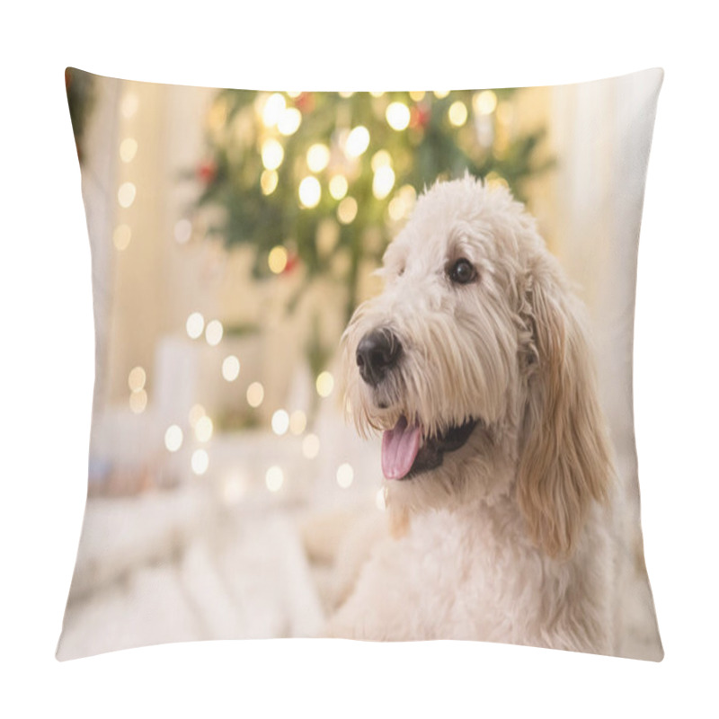 Personality  Happy Dog Smiling And Laying Down In Front Of Christmas Tree Pillow Covers