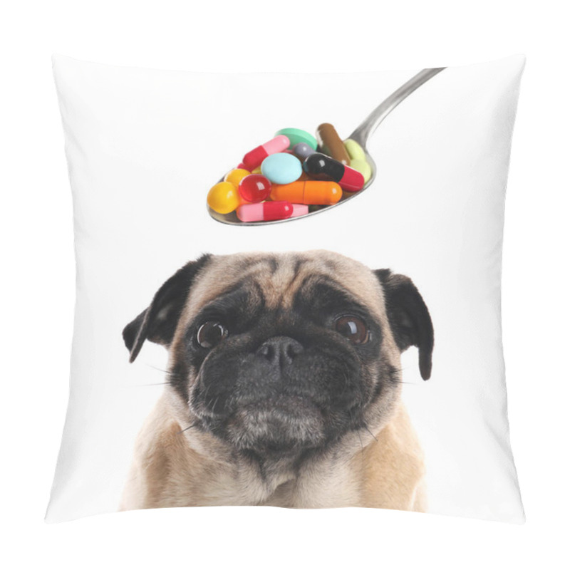 Personality  Vitamins For Pets. Cute Dog And Spoon With Different Pills On White Background Pillow Covers