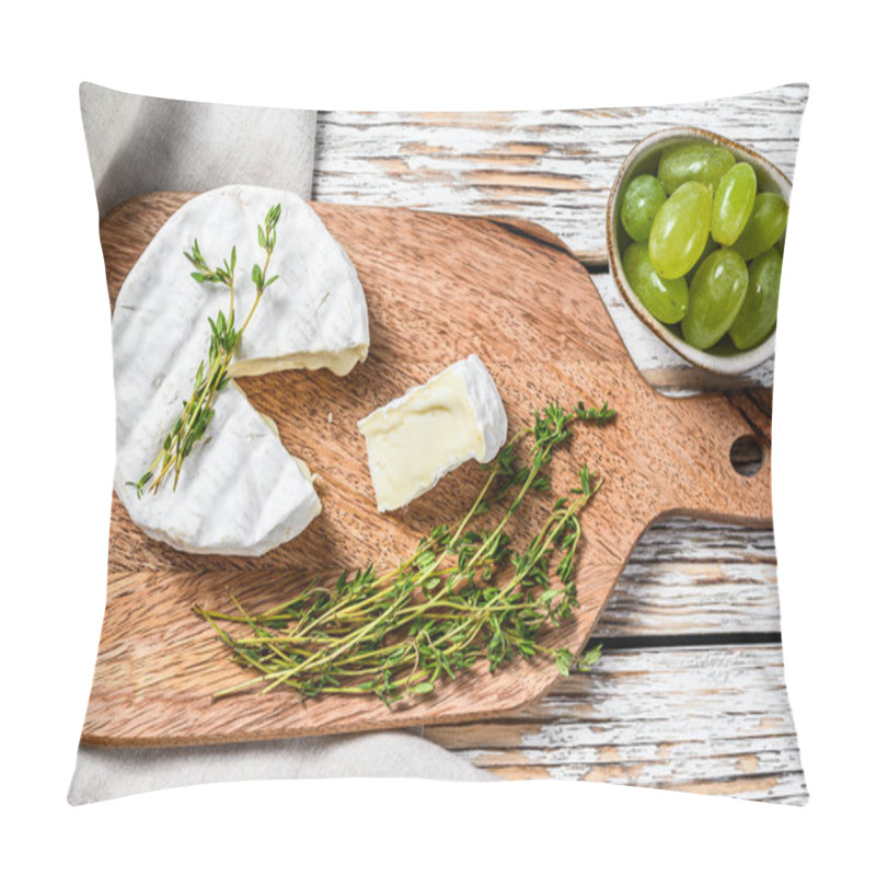 Personality  French Brie Cheese With Grapes. White Background. Top View Pillow Covers