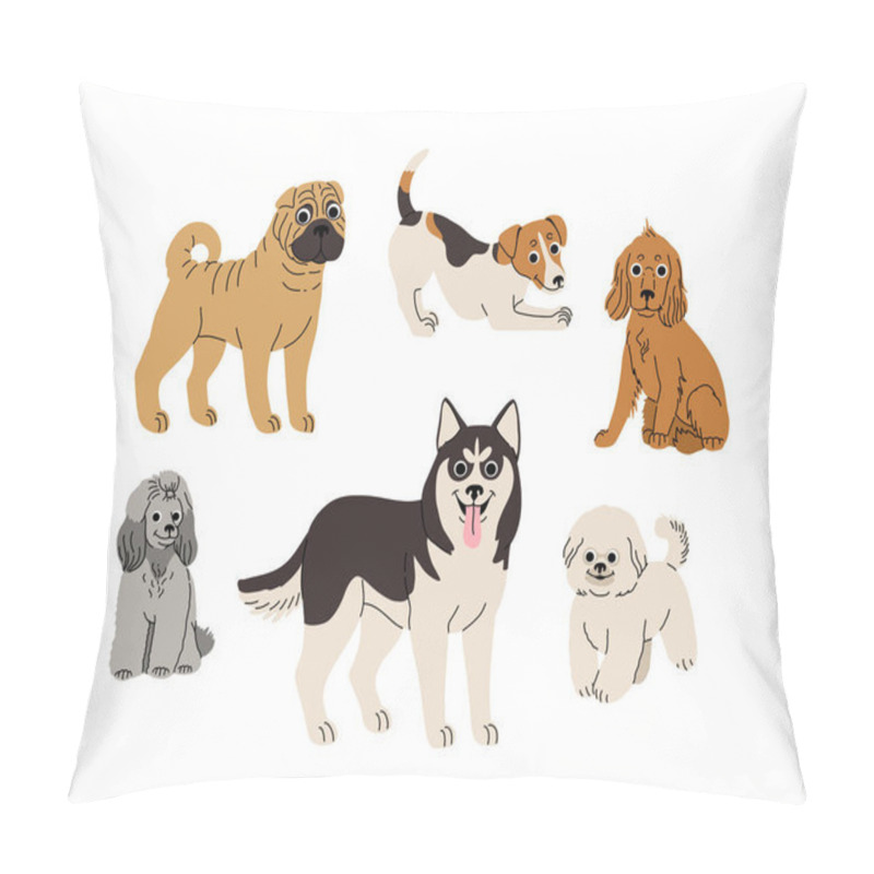 Personality  Cartoon Dogs In Motion Set. Different Canine Breeds. Active Puppies Siberian Husky, Jack Russell Terrier, Cocker Spaniel, Miniature Poodle, Shar Pei, Bishon Frize. Flat Vector Illustration Pillow Covers