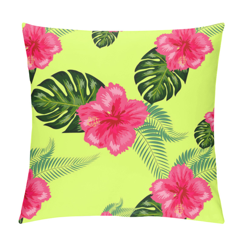 Personality  Tropical Hibiscus Flowers And Palm Leaves Bouquets Seamless Pattern Pillow Covers