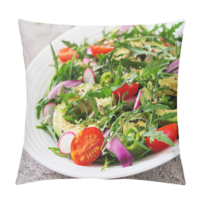 Personality  Diet Menu. Healthy Salad Of Fresh Vegetables - Tomatoes, Avocado, Arugula, Radish And Seeds On A Bowl. Vegan Food. Pillow Covers