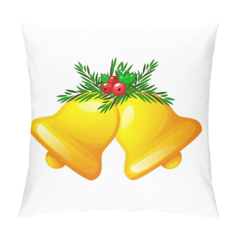 Personality  Christmas Golden Bells With Berries Isolated On A White Background.Christmas Symbol, School Bell, Cartoon Bell. Pillow Covers