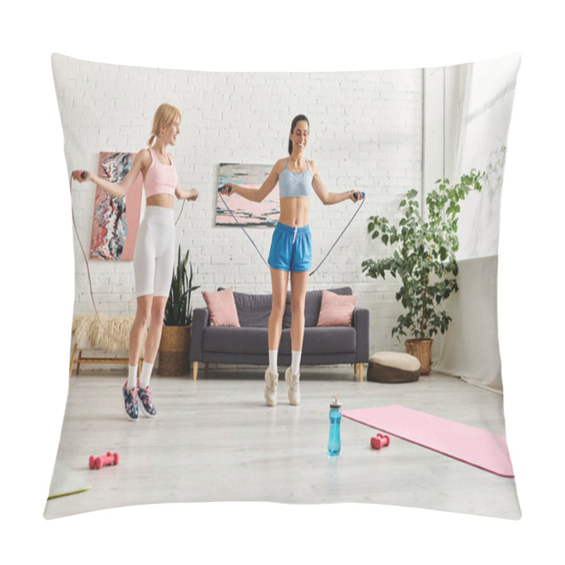 Personality  Two Young Women Share A Loving Moment While Skipping Rope In Their Bright Living Space. Pillow Covers